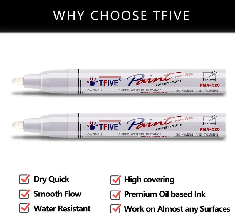 TFIVE White Permanent Paint Marker Pens - 2 Count Oil Based Marker Pen, Medium Tip, Waterproof & Quick Dry, for Office, Art projects, Rock Painting, Ceramic, Glass, Wood, Plastic, Metal, Canvas - Image 2